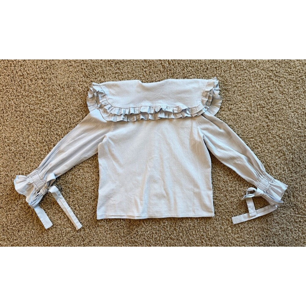 Sister Jane Women's Puritan Collar Blouse Ruffles Rhinestone Floral Buttons - Picture 13 of 15